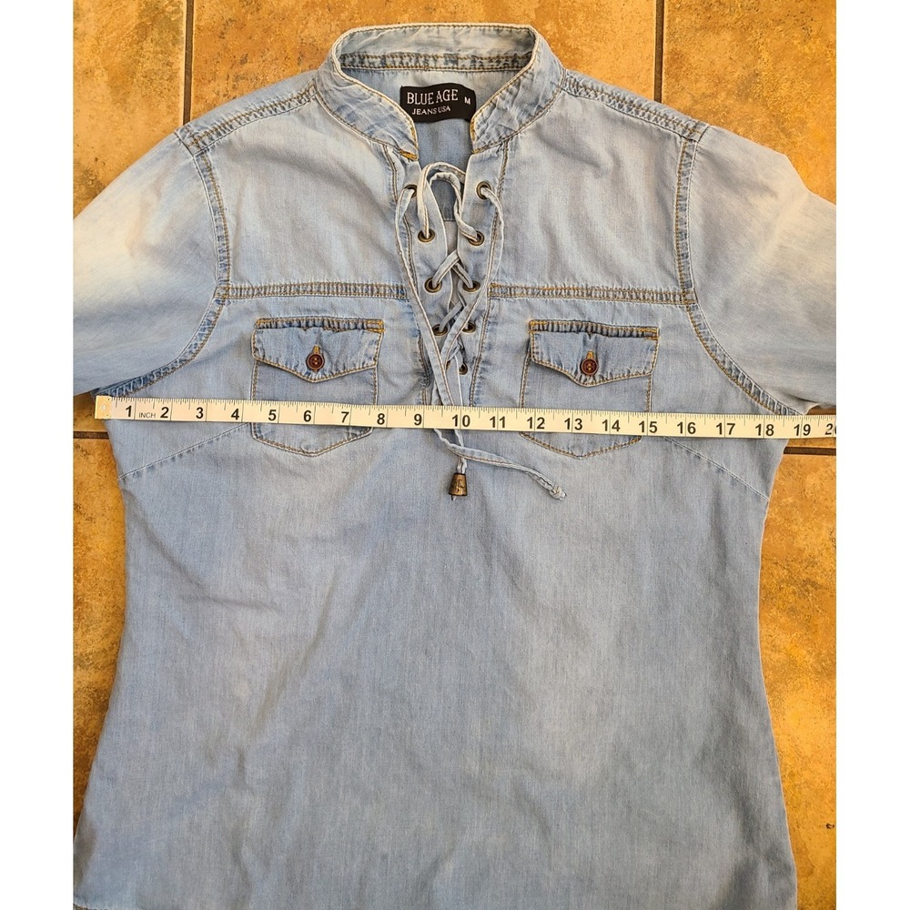 Peasant Shirt Youth Med Blue 100% Cotton Denim Lace Up Pullover Long Sleeve - Picture 5 of 7